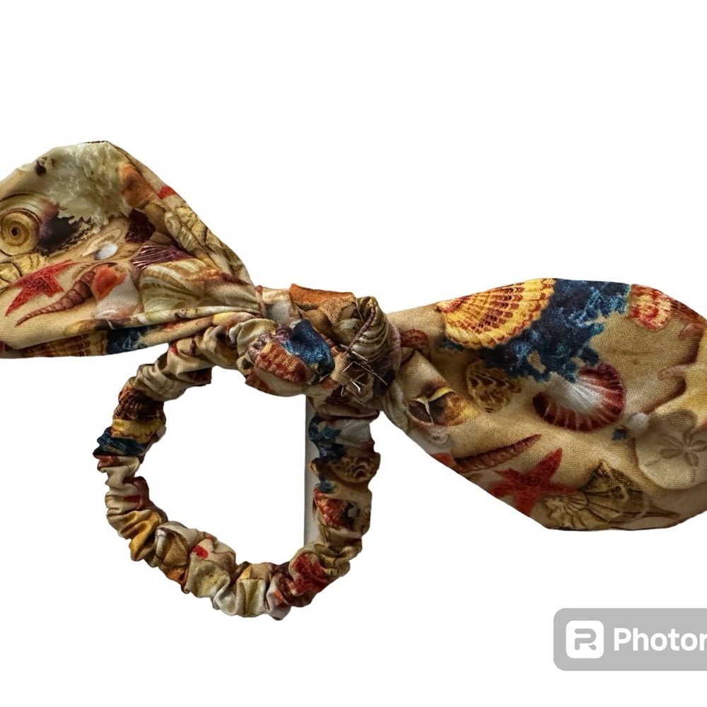 Seashells scarf tie hair scrunchie hand made USA cotton summer gift beach gym